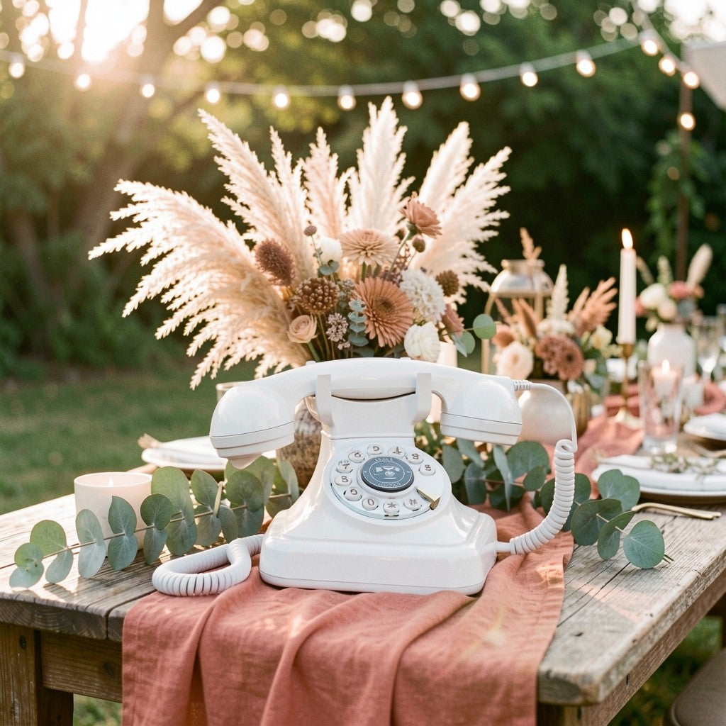Téléphone livre d'or audio blanc sur une table de mariage champêtre au coucher du soleil