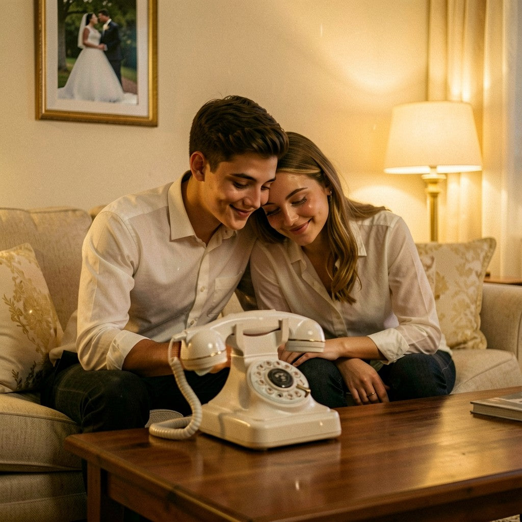 Un couple ému réécoute les messages de son mariage grâce au haut-parleur intégré du Téléphone