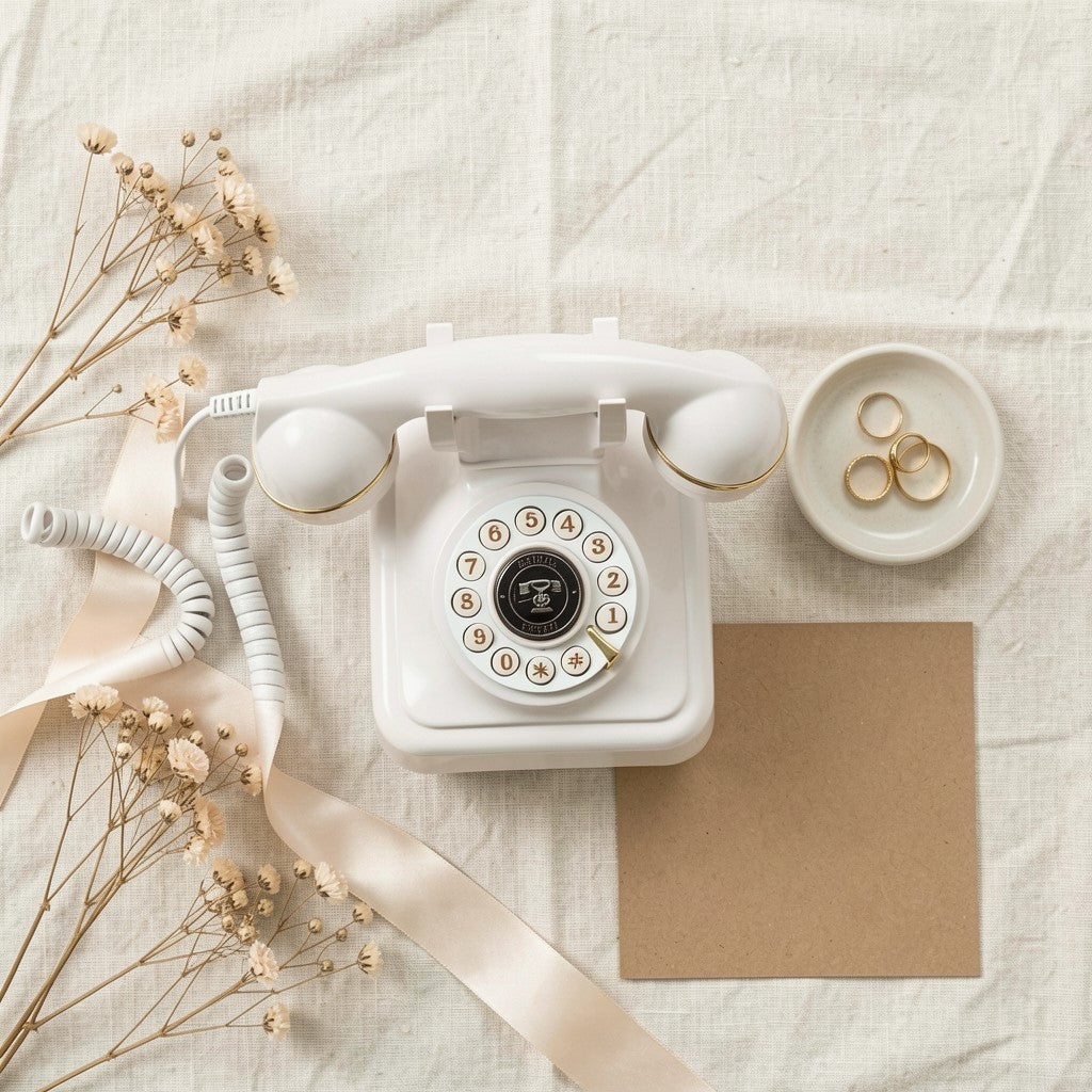 Le Téléphone blanc vu de dessus avec alliances dorées, ruban et fleurs séchées