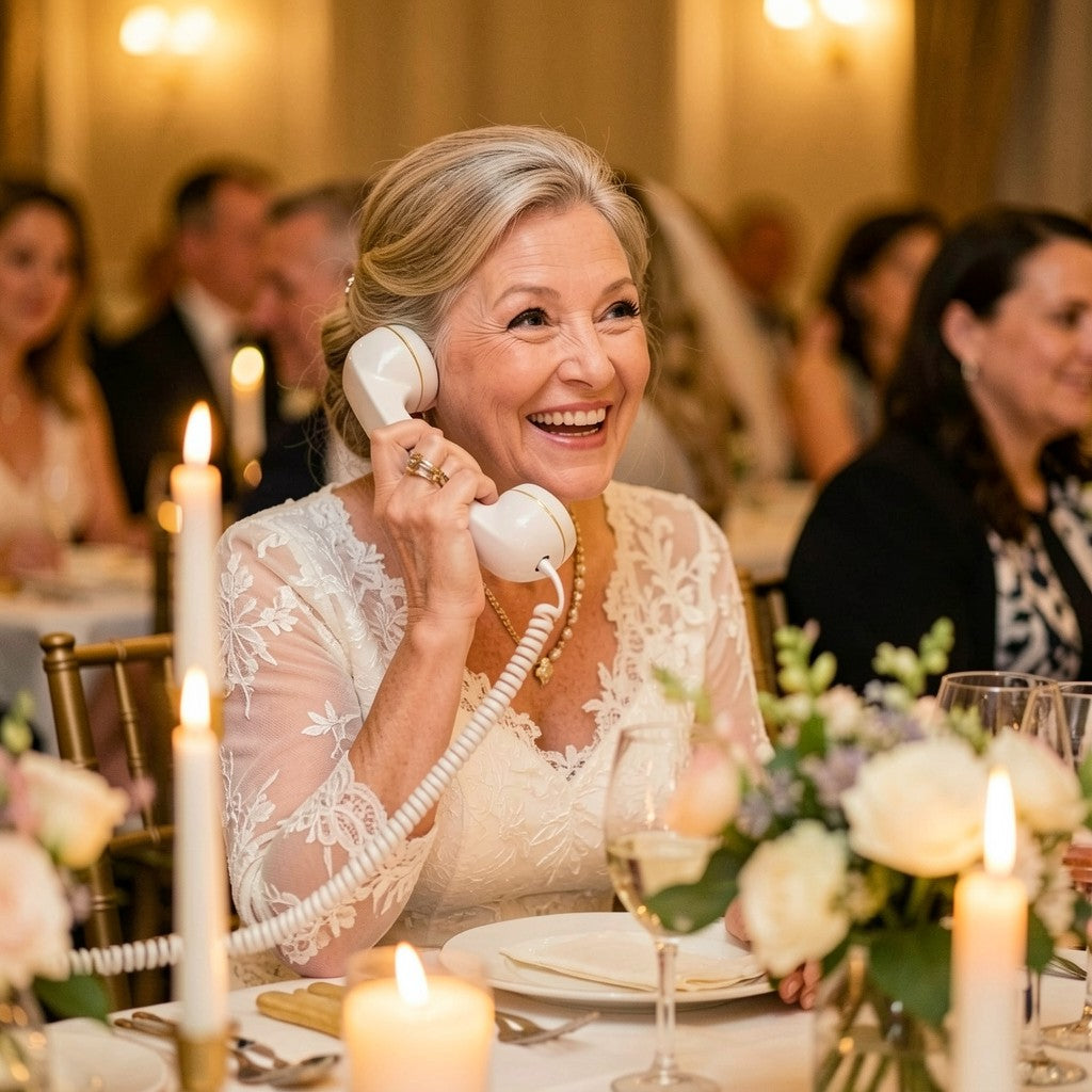 Une grand-mère souriante laisse un message vocal au combiné pendant la réception de mariage