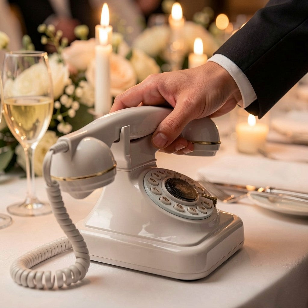 Un invité décroche le combiné du Téléphone pour laisser un message vocal au mariage