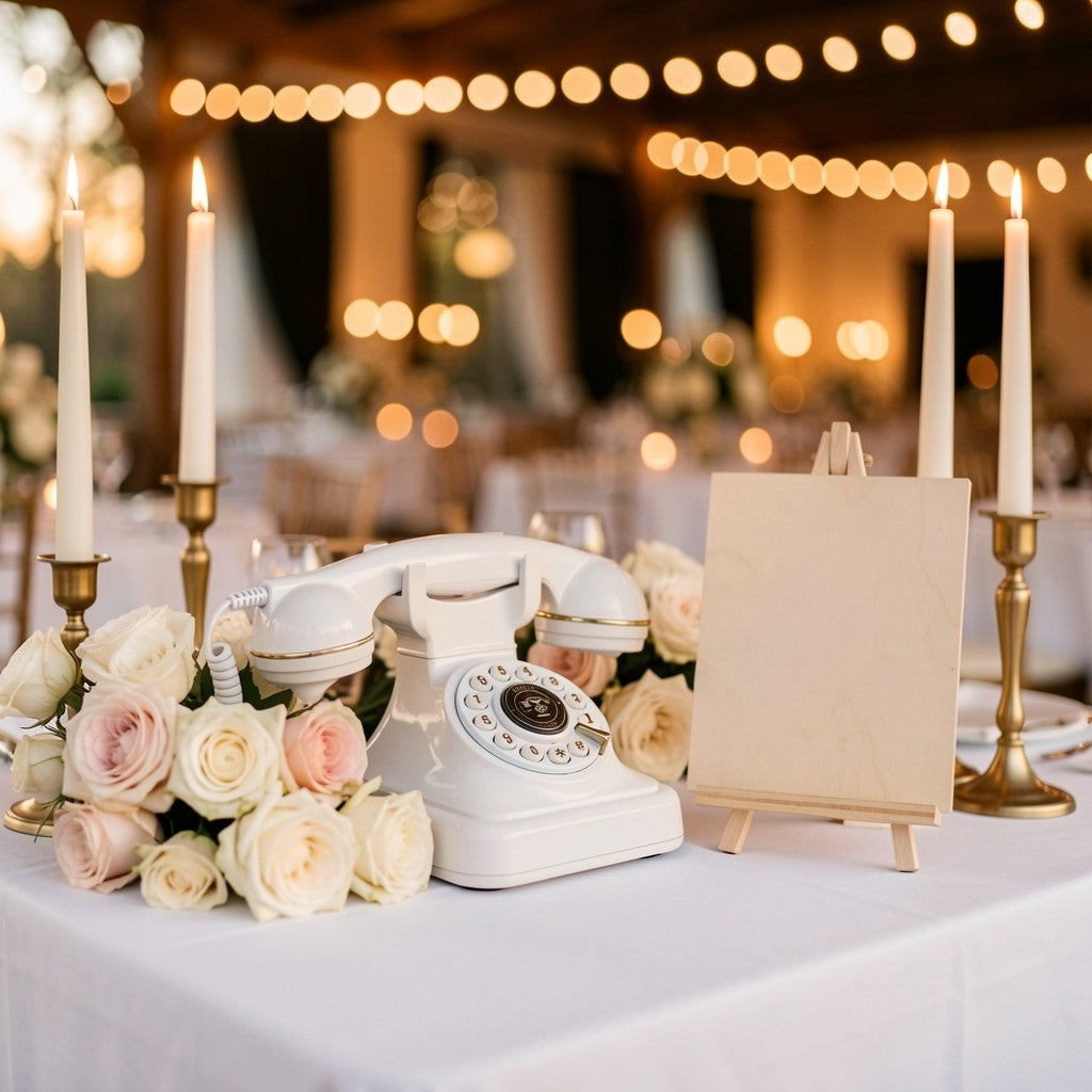Le Téléphone blanc aux finitions dorées sur la table de réception, entouré de roses et de bougies