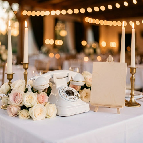 Le Téléphone blanc aux finitions dorées sur la table de réception, entouré de roses et de bougies